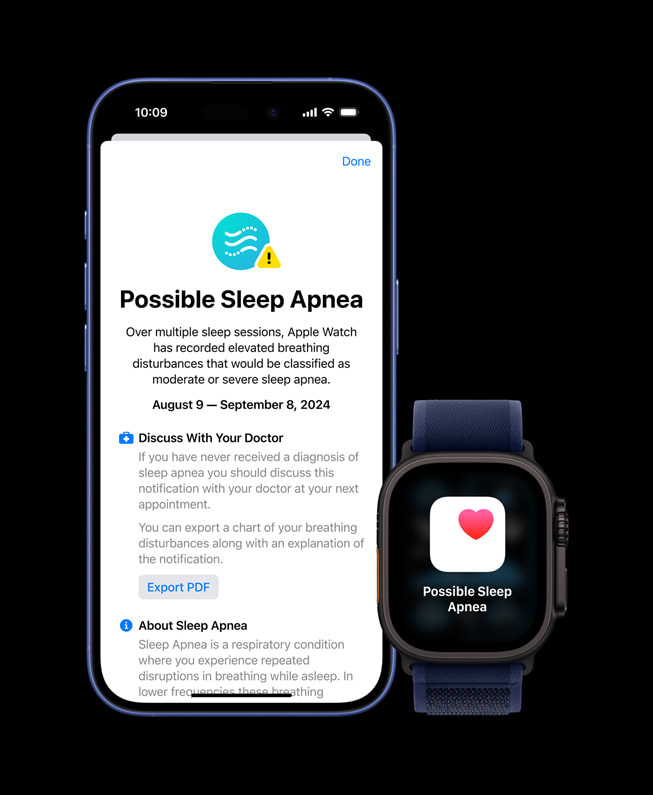 Upozorňování na spánkovou apnoi zobrazené na iPhonu 16 a Apple Watch Ultra 2. 