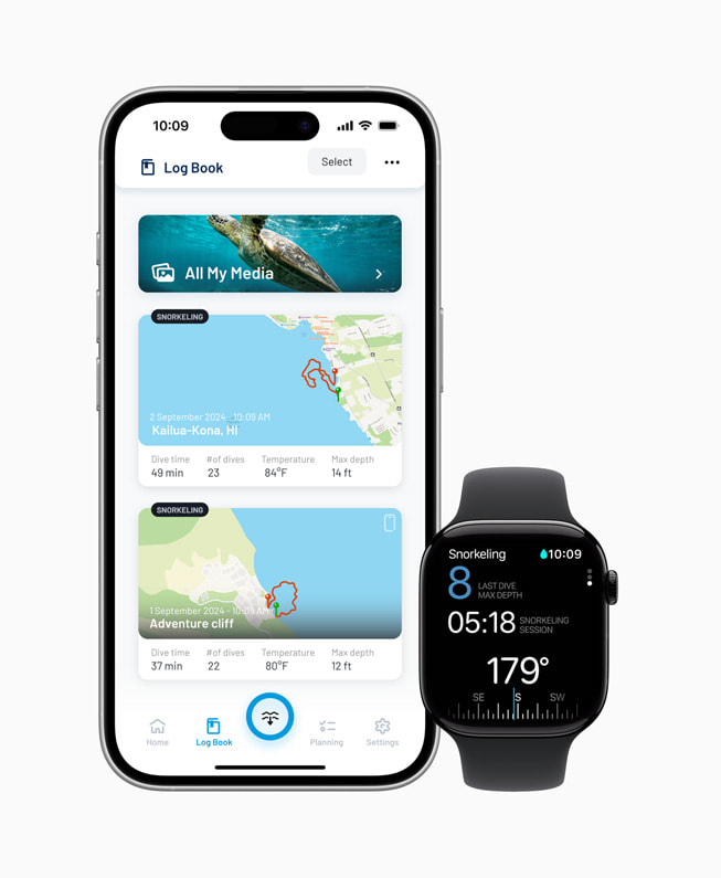 Ứng dụng Oceanic+ hiển thị trên iPhone 16 Pro và Apple Watch Series 10.