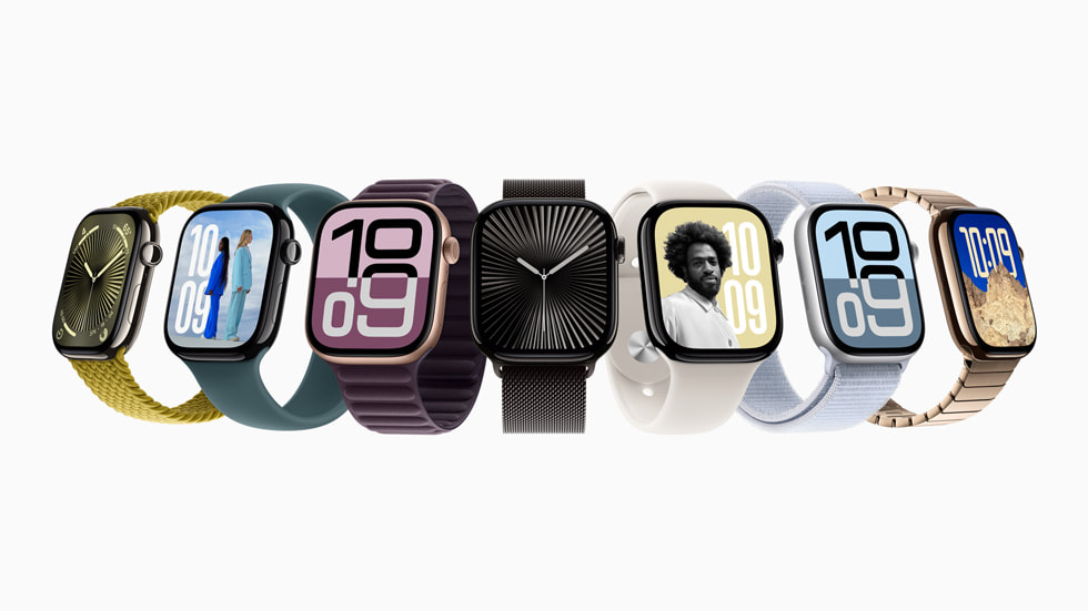 Bộ sưu tập gồm bảy thiết bị Apple Watch Series 10, được sắp xếp theo kiểu hình quạt, có các màu và kiểu dây đeo khác nhau.