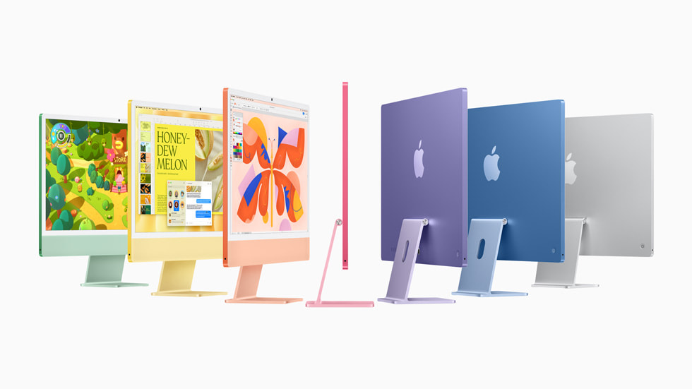 Yeni iMac yeşil, sarı, turuncu, pembe, mor, mavi ve gümüş renk seçenekleriyle görülüyor.