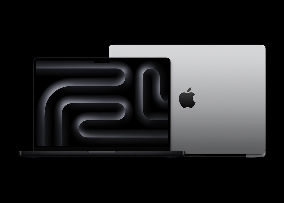 Yeni MacBook Pro’nun önden ve arkadan görünümü.