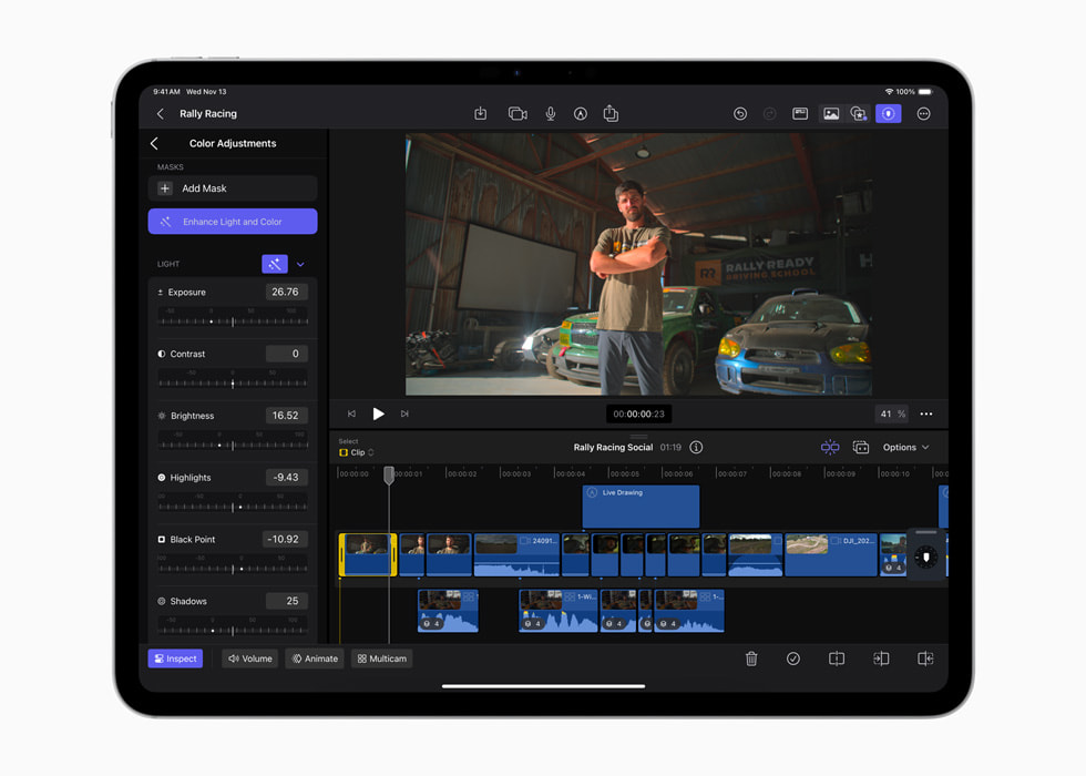Funktionen Enhance Light and Color i Final Cut Pro för iPad 2.1 visas på iPad Pro.
