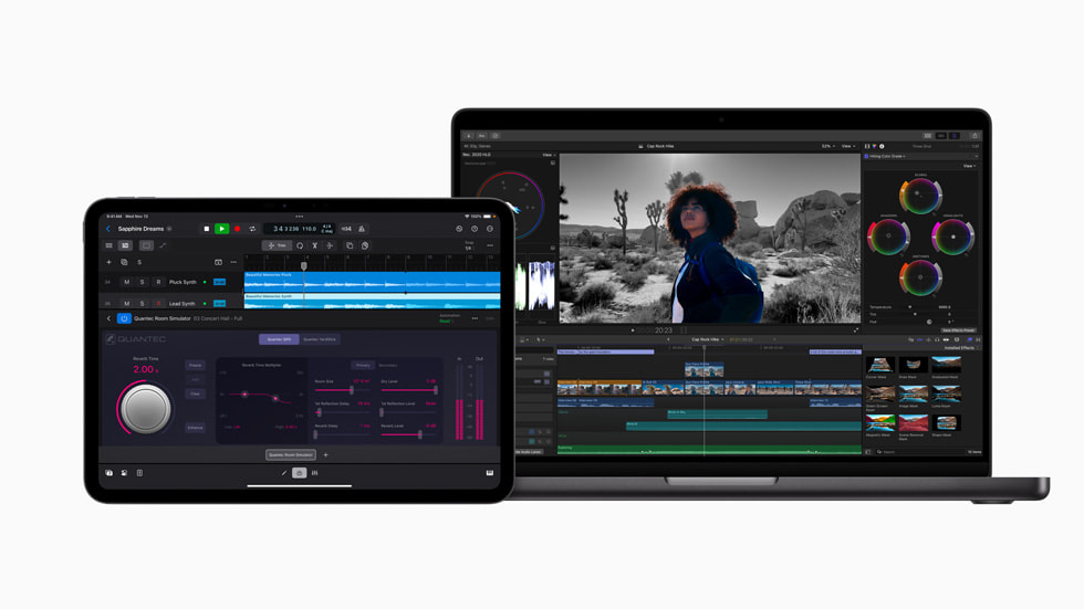 iPad Pro visar Final Cut Pro för iPad 2.1 och MacBook Pro visar Final Cut Pro 11.