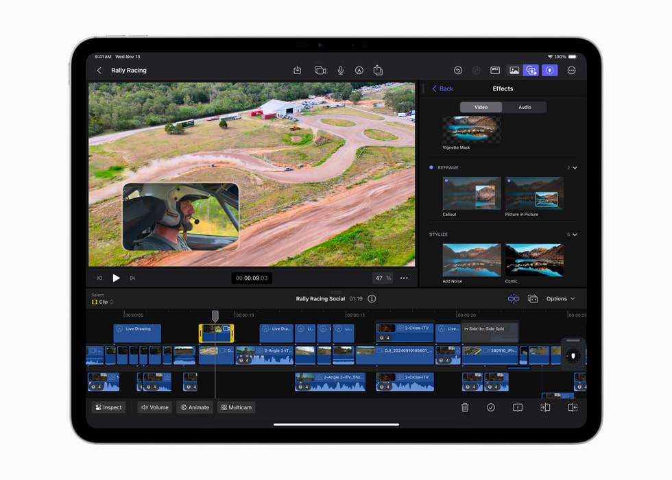 Det nya innehållsbiblioteket i Final Cut Pro för iPad 2.1 visas på iPad Pro.