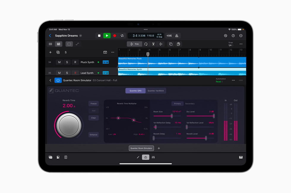Quantec Room Simulator-pluggen visas i Logic Pro för iPad 2.1 på iPad Pro.