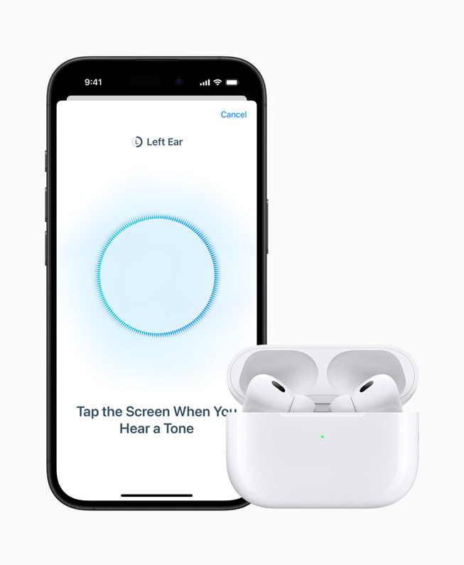 The Hearing Test feature is shown on iPhone 16 Pro, next to AirPods Pro 2.