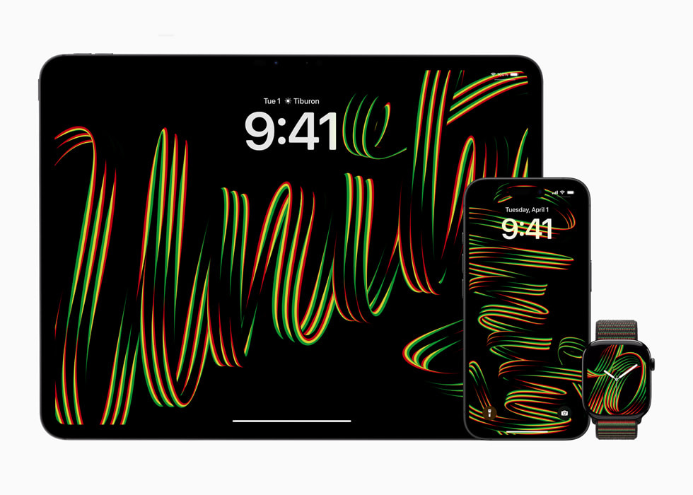 새로운 Black Unity 배경화면을 보여주는 iPhone과 iPad, 
Black Unity 스포츠 루프와 시계 페이스를 장착한 Apple Watch.