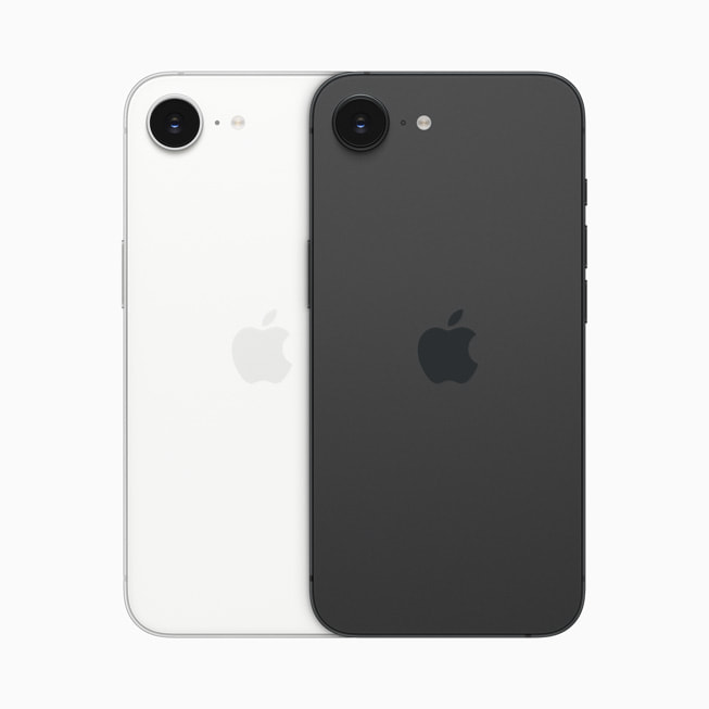 Dwa telefony iPhone 16e, w kolorze matowej bieli i matowej czerni, jeden obok drugiego.