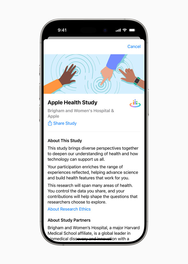 En un iPhone 16 Pro, una pantalla en la app Investigación dice “Acerca de este estudio” y ofrece detalles sobre el estudio de salud de Apple y los socios del estudio.