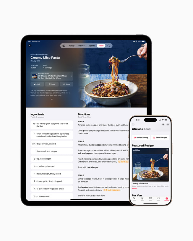 Nouvelle section Apple News+ Food affichée dans l’app Apple News, sur iPad et iPhone 16.