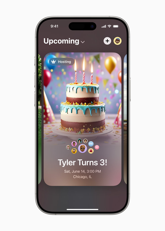 iPhone 16 Pro에서 Apple 초대에 Image Playground로 생성된 생일 케이크 이미지가 담긴 아이의 생일 파티 초대장이 표시된 모습.