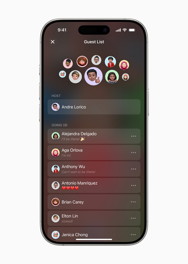 iPhone 16 Pro에서 Apple 초대에 초대장 손님 목록이 표시된 모습.