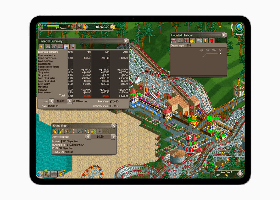 Imagem de RollerCoaster Tycoon Classic+, da Atari. Mostrada no iPad Pro.