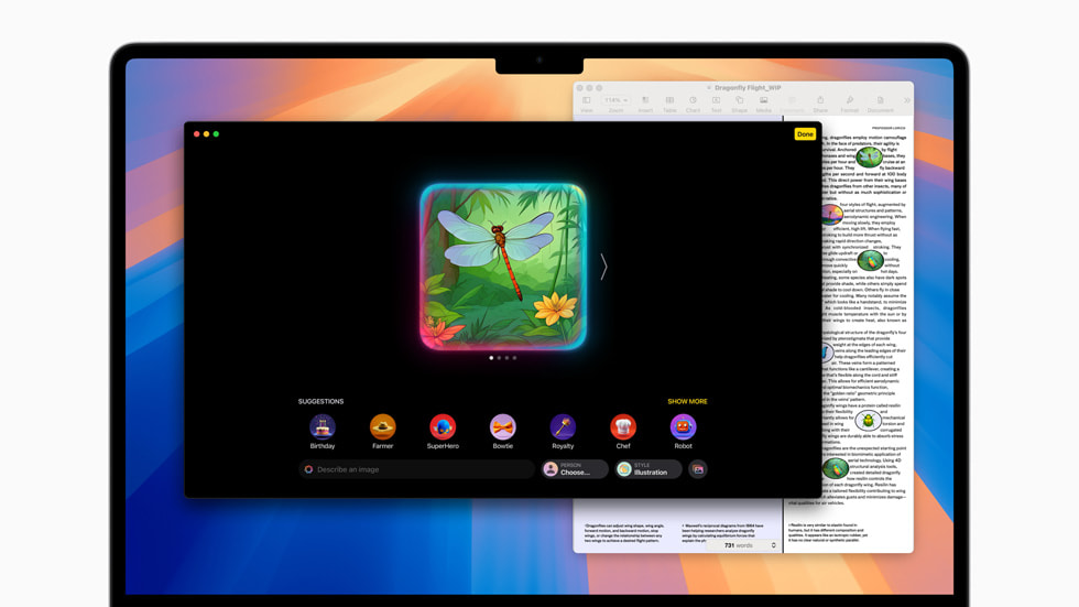 Ekran aplikacji Image Playground na MacBooku Air, na którym widać ilustrację ważki.