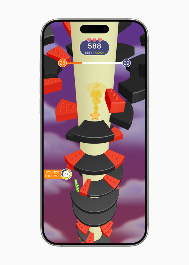 Arte gráfico de Helix Jump+ de Voodoo y Orbital Knight en un iPhone 16 Pro Max.
