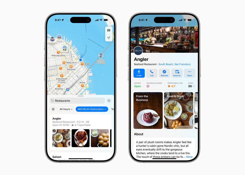 Dos iPhone 16 Pro con Mapas de Apple en pantalla, que muestran una búsqueda de restaurantes con menciones de la Guía MICHELIN e información sobre un restaurante seleccionado.  