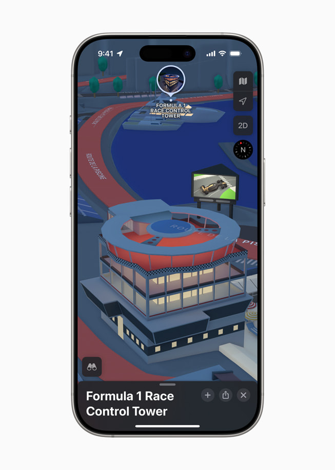 Een iPhone 16 Pro met de racecontrol-toren in Apple Kaarten.