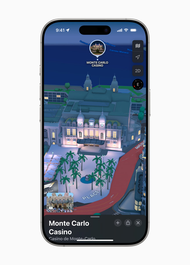 Een iPhone 16 Pro met een 3D-afbeelding van het Casino de Monte-Carlo in Monaco in Apple Kaarten.
