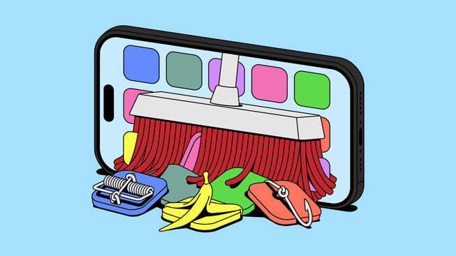 Een illustratie van de App Review, waarbij problematische apps worden opgeveegd met een bezem.