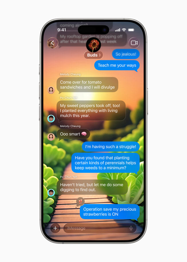 A custom background generated by Image Playground is shown behind a group chat called Buds.