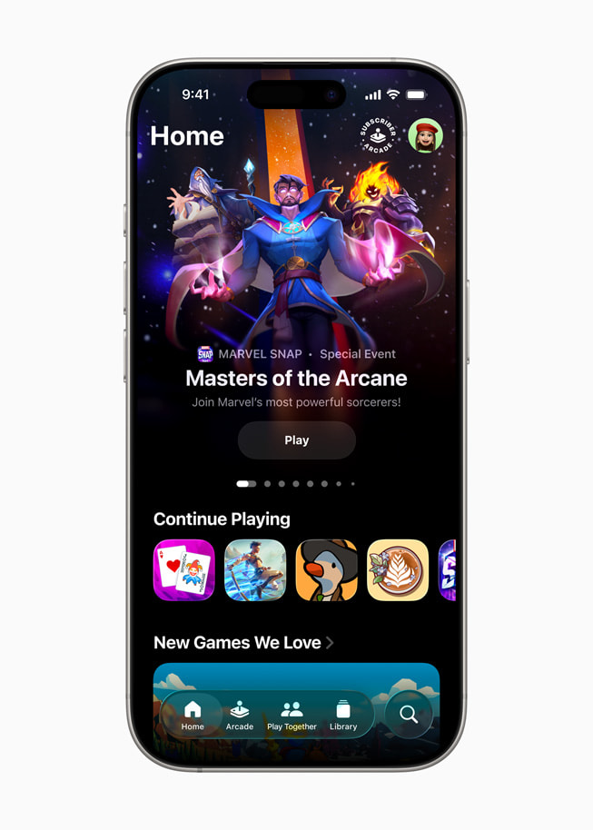 Záložka Domov v aplikaci Apple Games na iPhonu 16 Pro