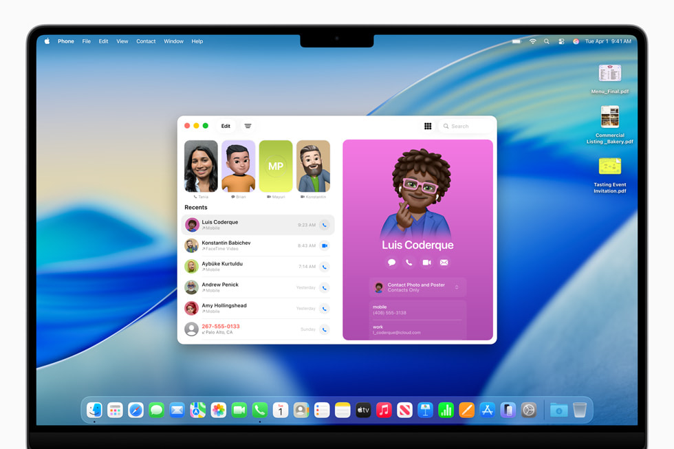 MacBook Pro 16 inci menampilkan daftar panggilan terbaru di aplikasi Telepon.