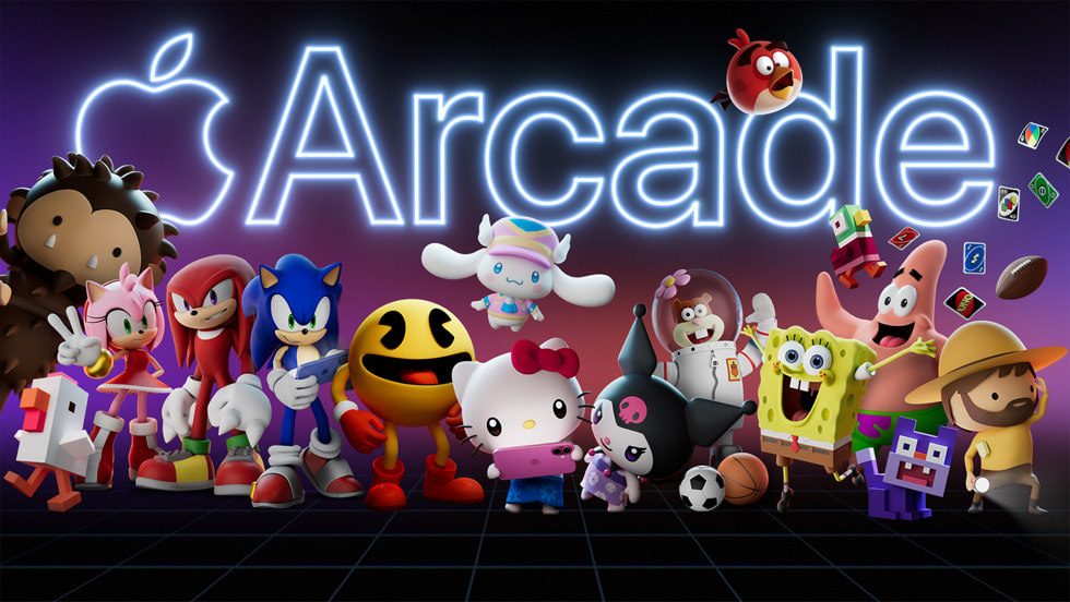 Arte gráfico de Apple Arcade que muestra personajes de varios juegos del servicio.