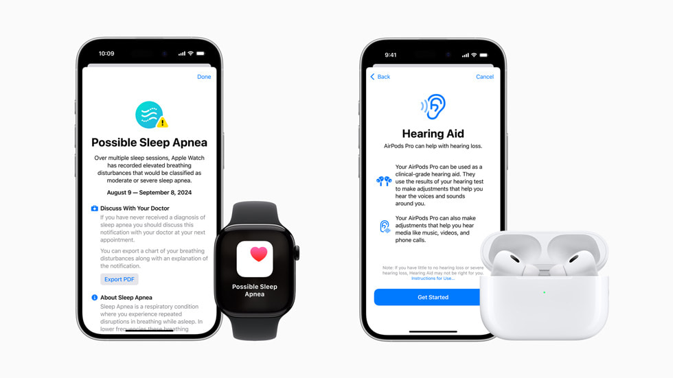Fitur apnea tidur dan kesehatan pendengaran baru ditunjukkan di dua iPhone 16 Pro, Apple Watch Series 10, dan AirPods Pro 2.