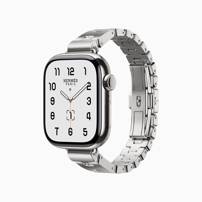 Apple Watch Hermès met het nieuwe metalen Grand H-bandje.