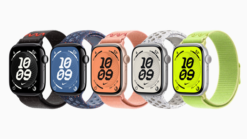 Het sportbandje van Nike in verschillende kleuren op Apple Watch Series 11.