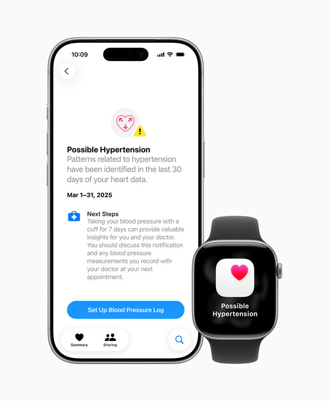 Melding van mogelijke hypertensie en meer gegevens op een iPhone en Apple Watch Series 11.