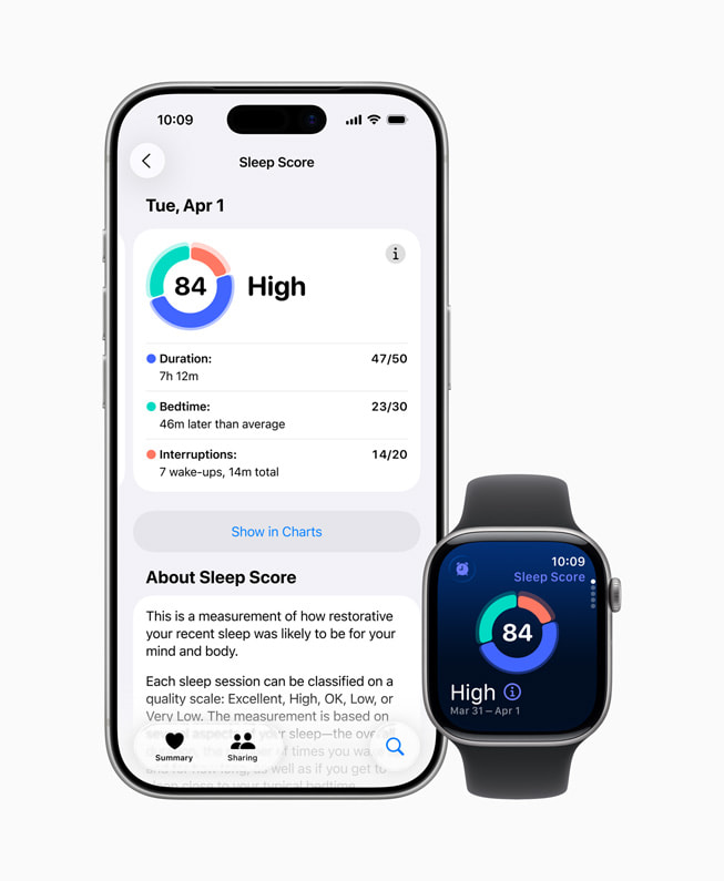 Slaapscore op een iPhone en Apple Watch Series 11.