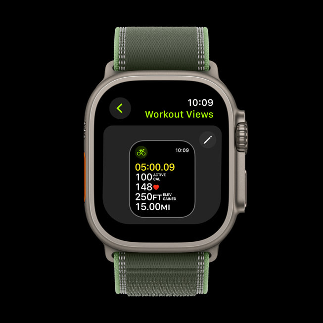 Apple Watch Ultra 3 a na nich uživatelova zobrazení cvičení.