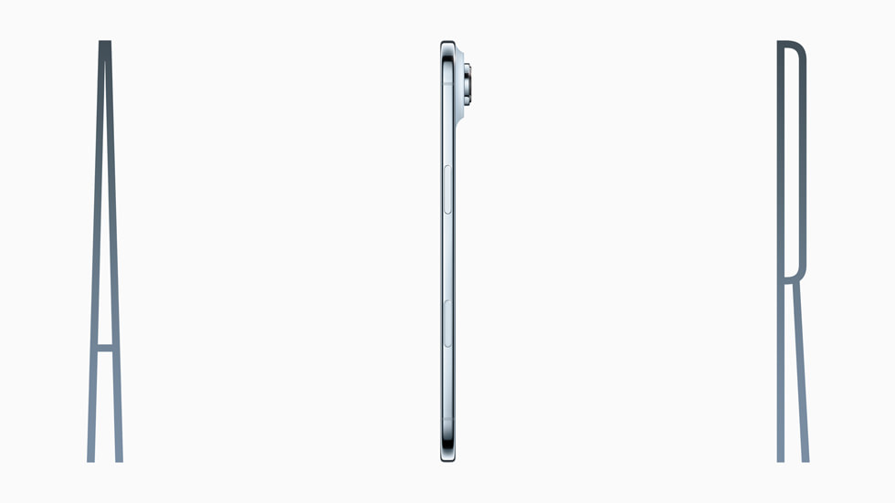 iPhone Air is held up by a hand between the letters “A” and “R,” forming the word “AIR.”