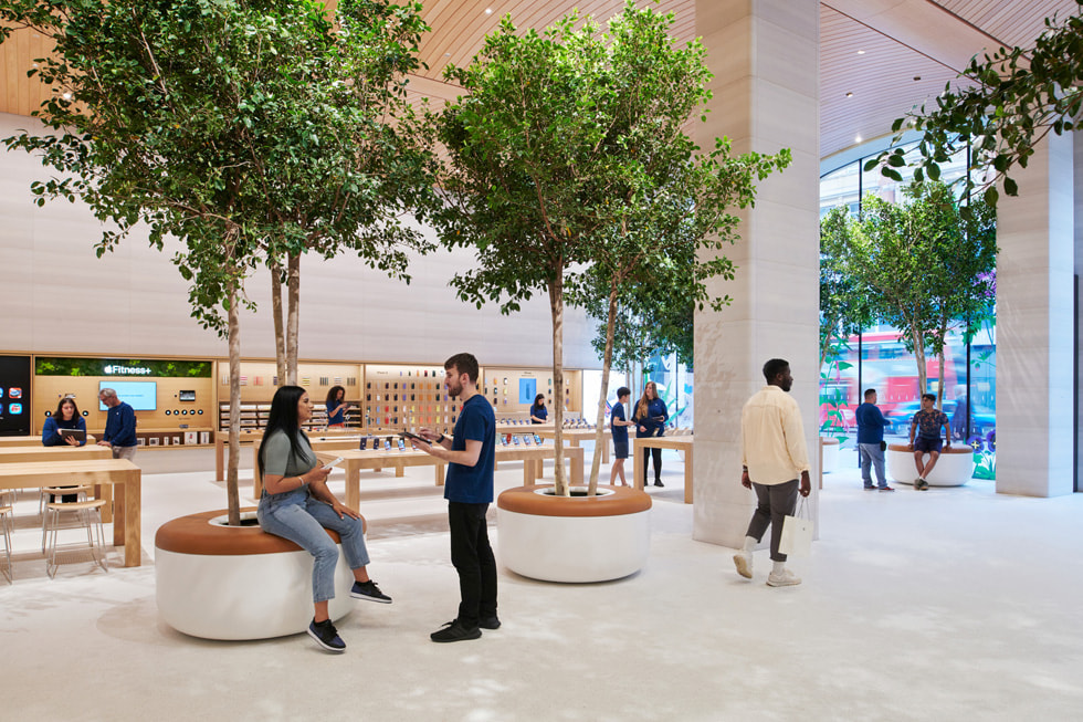 Des personnes discutent près des ficus siciliens plantés à l'intérieur de l’Apple Brompton Road à Londres.