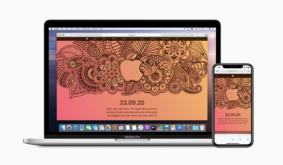 En annoncering om lanceringen af Apple Store online vises på MacBook Pro og iPhone 11 Pro.