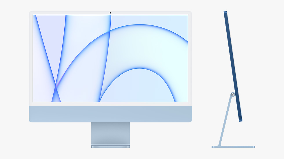 Visão frontal e de perfil do novo iMac azul.
