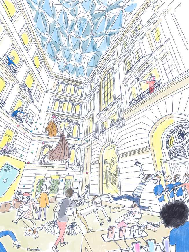 Farverig illustration af det, der foregår i Apple Champs-Élysées, tegnet af Kanako Kuno på iPad mini.