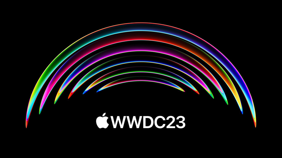 Üzerinde WWDC23 yazan Apple logolu siyah bir arka planda metalik bir gökkuşağı tasarımı.