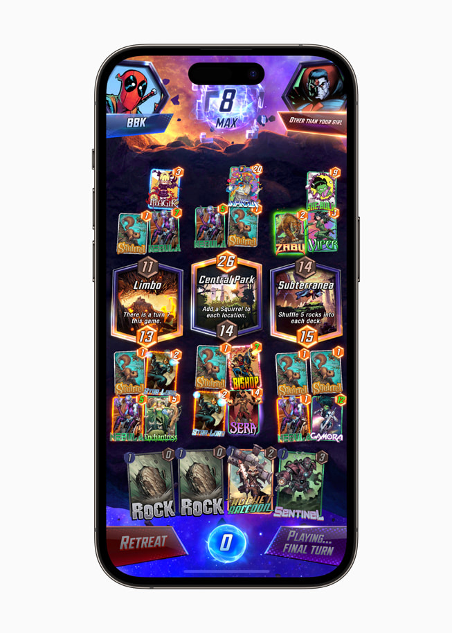 iPhone 14 Pro’da MARVEL SNAP gösteriliyor.