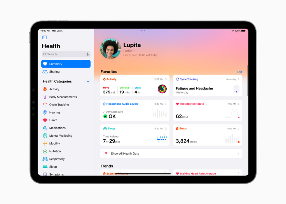 iPad Pro’da Aktivite, Döngü İzleme, Kulaklık Ses Düzeyleri, Dinlenirken Kalp Atış Hızı, Uyku ve Adım gibi Favorilerin yer aldığı Sağlık uygulamasındaki özet gösteriliyor.