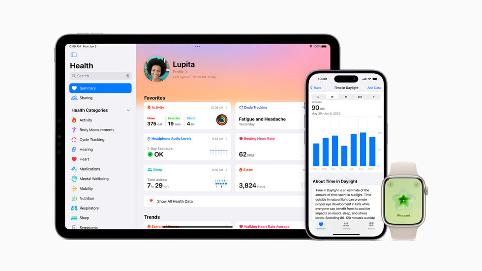 iPad Pro’daki Sağlık uygulamasında bir özet, iPad 14 Pro’da Gün Işığında Süre ve Apple Watch Series 8’de duygu olarak Keyifli gösteriliyor.