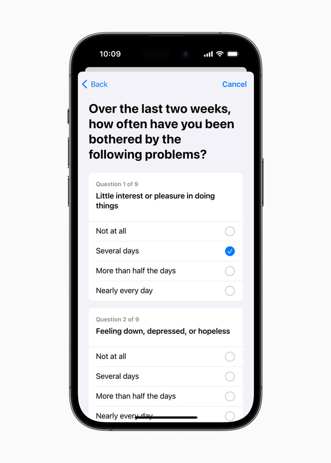 iPhone 14 Pro’da zihin sağlığı değerlendirmesi gösteriliyor.