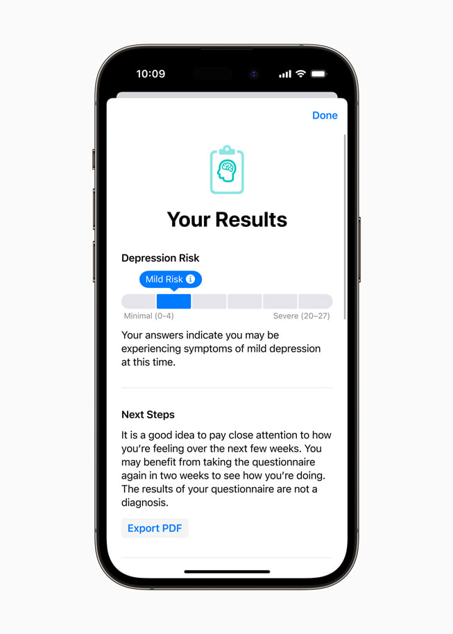 iPhone 14 Pro’da bir zihinsel sağlık değerlendirmesinin sonuçları gösteriliyor.