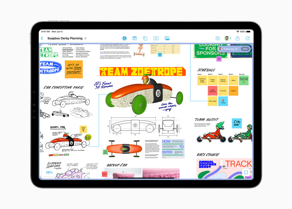 Op een iPad Pro zijn in Freeform diverse illustraties, schetsen en vormen van samenwerking te zien.