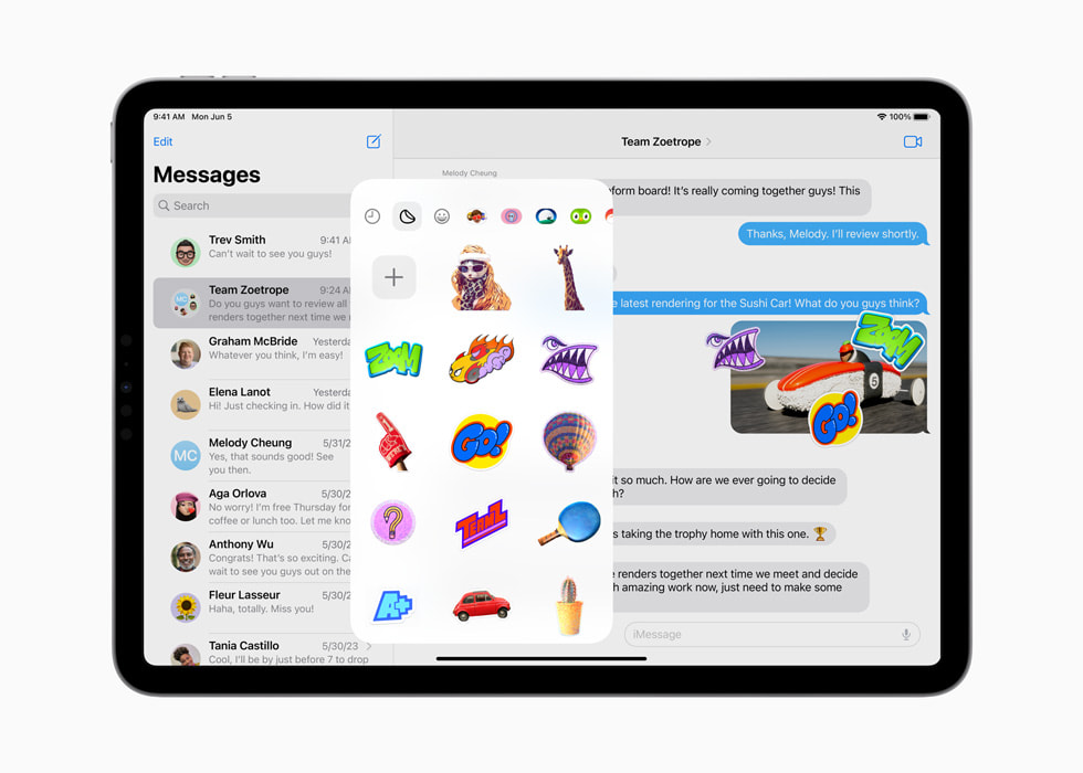 Ein iPad Pro zeigt eine Sammlung von Stickern in der Nachrichten App an.