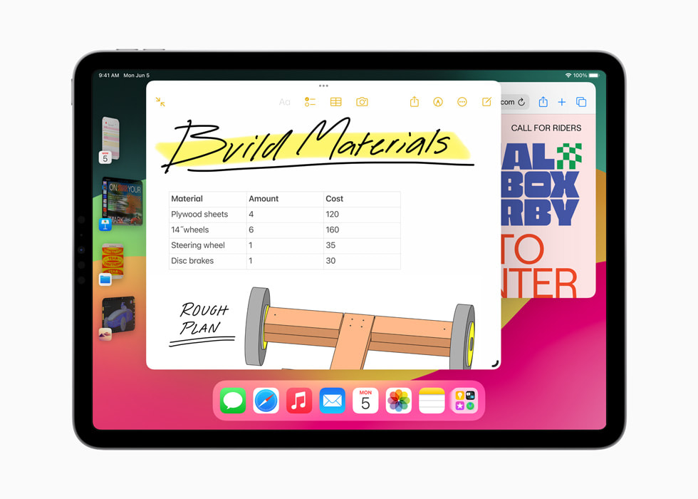 Op een iPad Pro zijn vijf verschillende geopende vensters te zien.
