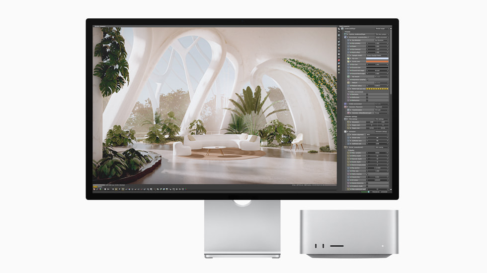 Mac Studio ve Mac Pro’daki Octane uygulamasında render alma işlemi gösteriliyor.