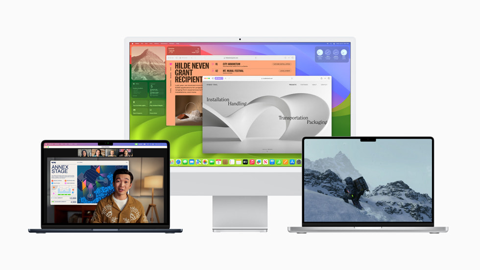 MacBook Air, 27 inç iMac ve MacBook Pro’da macOS Sonoma gösteriliyor.