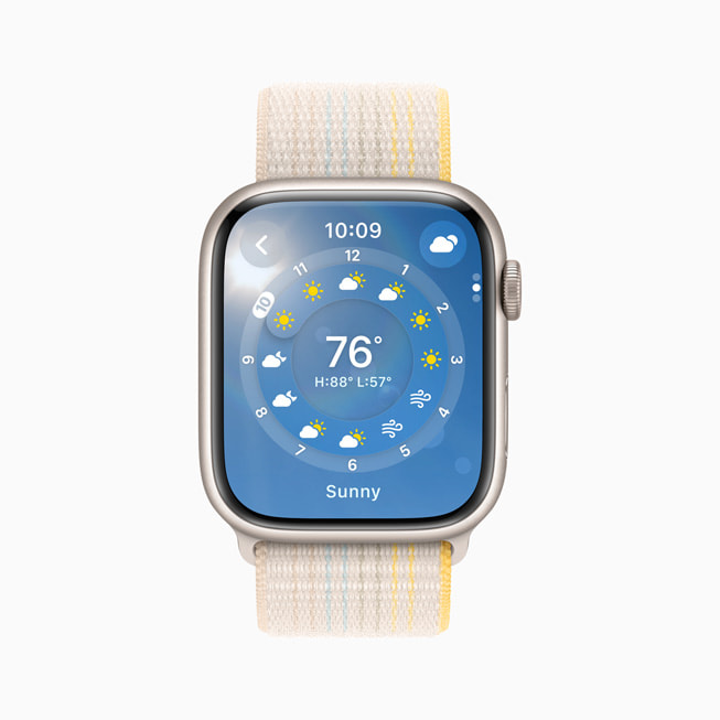 Apple Watch Series 8’de Hava Durumu uygulaması gösteriliyor.